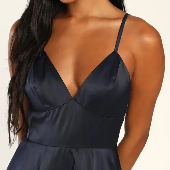 NWOT Going with Elegance Navy Blue Satin Tiered Maxi Dress - Picture 4 of 8